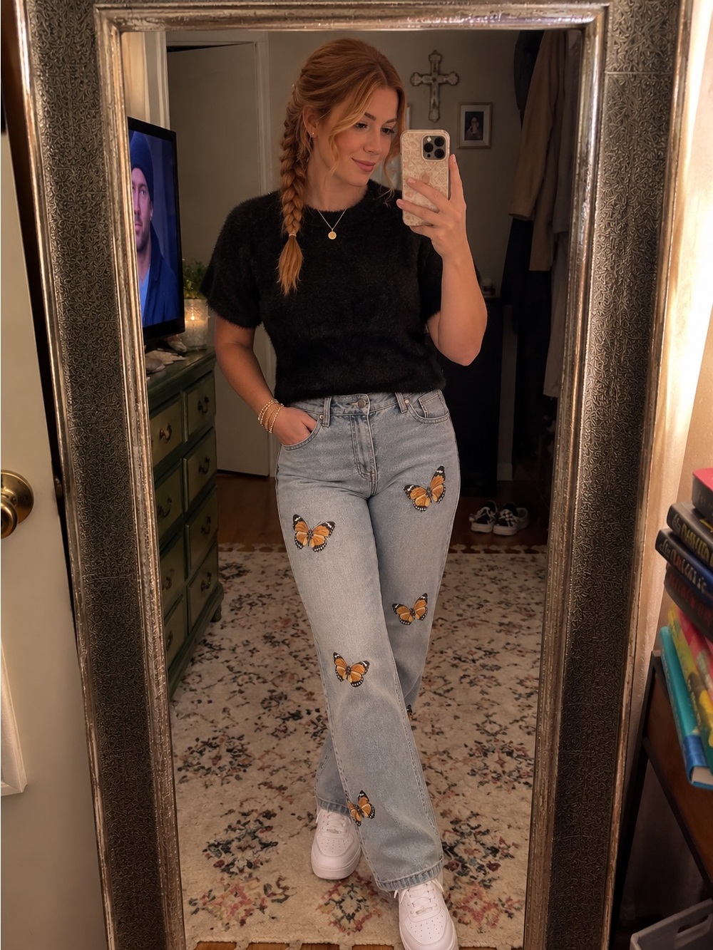 MNML Light Wash Blue Jeans with Orange Butterfly Embroidery